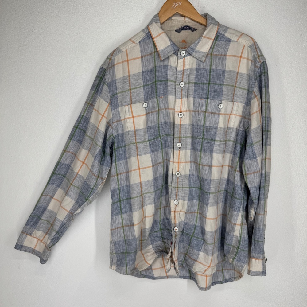 Tommy Bahama Relax Mens Large Blue Orange Plaid Cotton Button Down Shirt Large